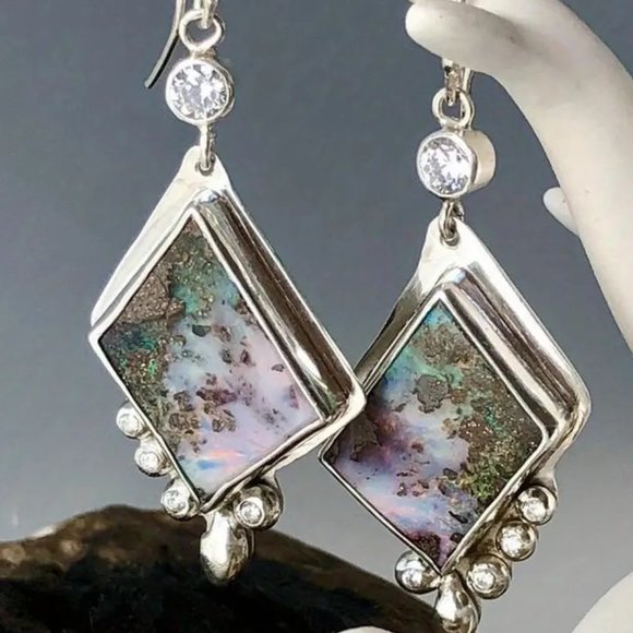 Jewelry - Geometric Shaped 925 Silver Plated Purple Opal & Zirconia Earrings - NEW